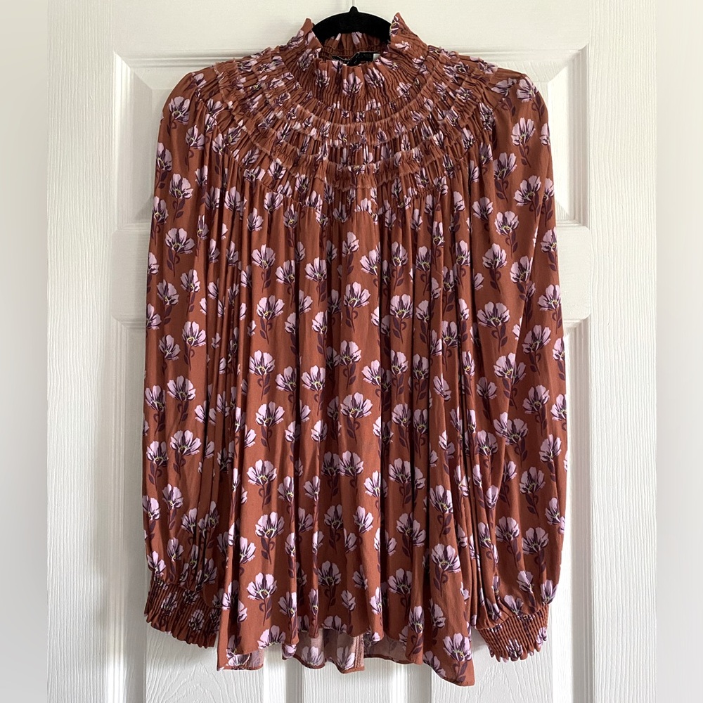 NWOT - Zara Floral Smock Neck Balloon Sleeve Top - Size Large